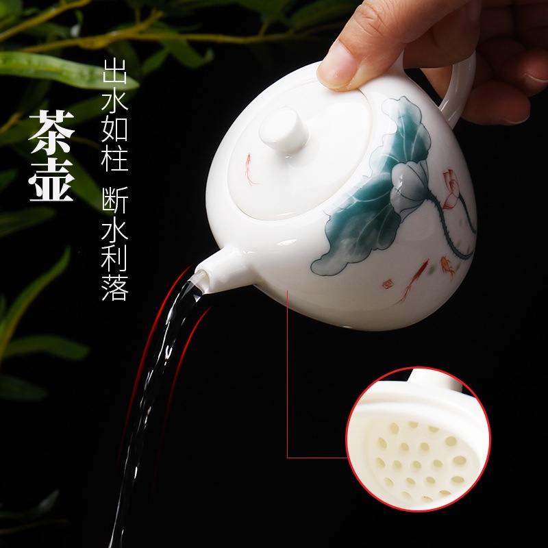 Bộ Ấm Chén Sứ Cảnh Đức Trấn Bằng Sứ Trắng Thanh Khiết Thấu Quang Họa Tiết Hoa Sen Cá