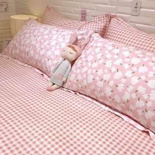 Bộ chăn ga cotton poly nhập (mẫu hoa trắng ga kẻ Hồng )