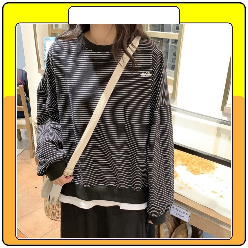 Áo nỉ kẻ pha viền phong cách vintage, áo kẻ dài tay Queenshop