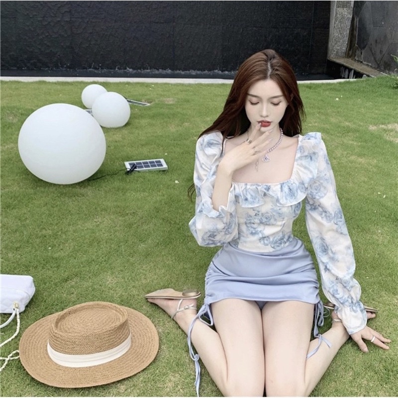 SET ÁO HOA CROPTOP XANH BÈO LƯNG CHUN + CHÂN VÁY XANH RÚT BÊN