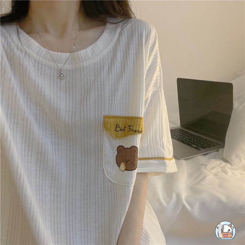 Bộ Đồ Ngủ Tay Ngắn In Họa Tiết Chú Gấu Dễ Thương Phong Cách Nhật Bản Thời Trang Mùa Hè Cho Nữ