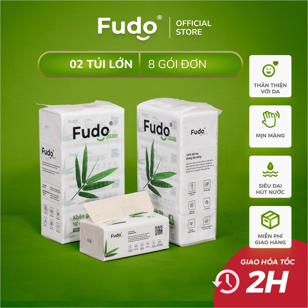 Combo 02 túi Khăn giấy rút cao cấp FUDO - 3 lớp giấy ăn mềm mịn từ bột tre nguyên chất (8 Gói)