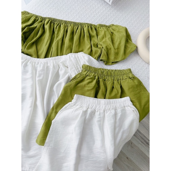 SET ÁO BẸT VAI BO CHUN + QUẦN SHORT LƯNG THUN (TH)