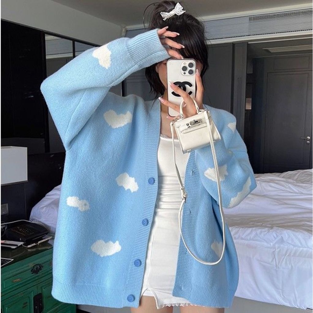 Áo Khoác cardigan Chui Đầu Họa Tiết Bầu Trời Xanh Trắng Phong Cách Mùa Thu Dễ Phối Đồ Cho Nữ