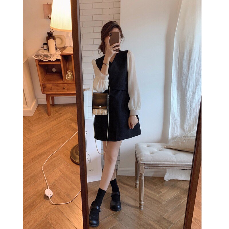 Đầm váy dáng suông cao cấp cổ chữ V tay dài phối