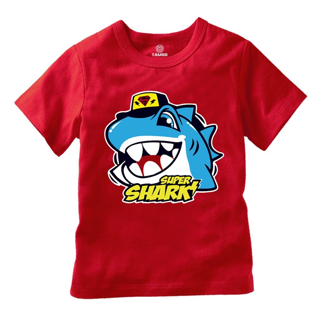 (MIKITI) Áo thun cá mập super Shark bé trai màu đỏ Hàn Quốc dễ thương.