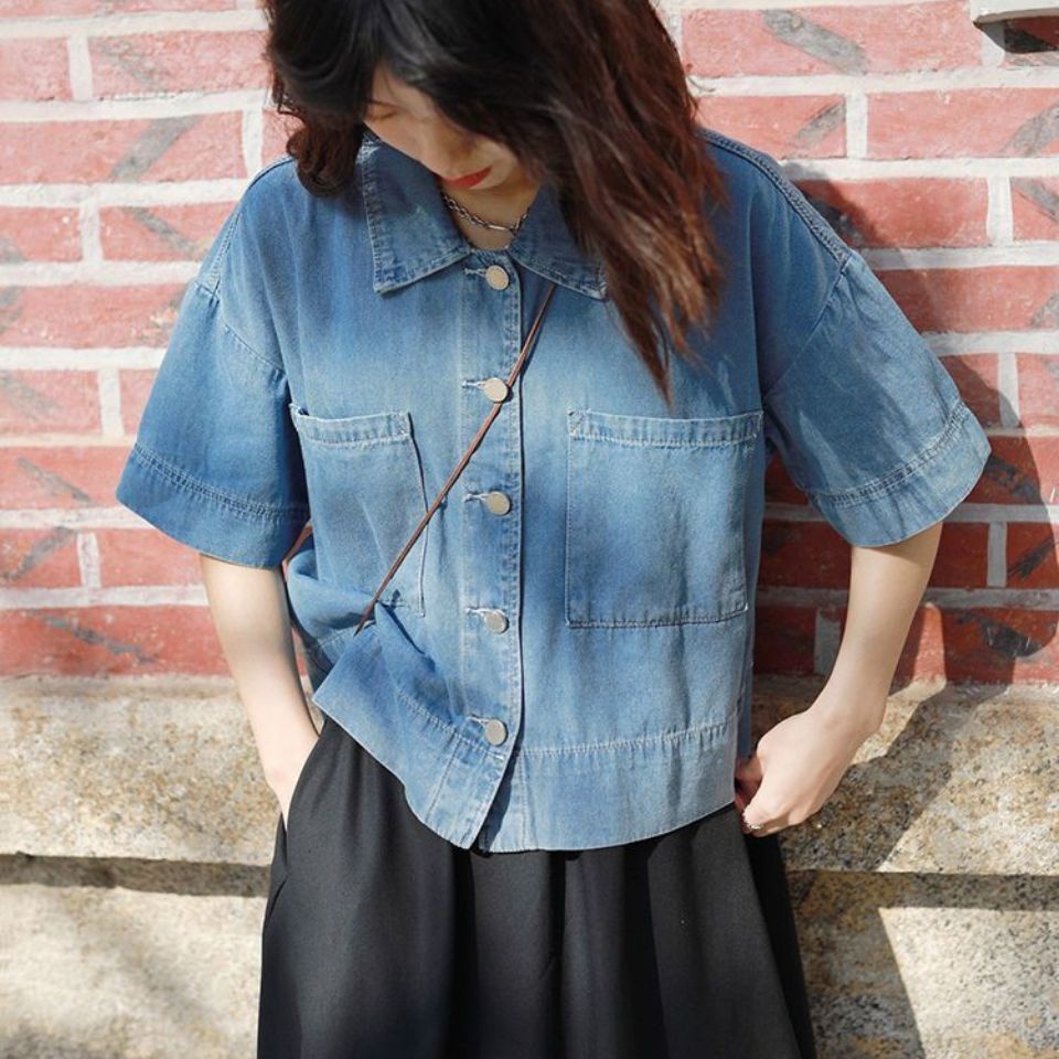 Áo Sơ Mi Denim Tay Ngắn Dáng Rộng Thời Trang Mùa Hè Phong Cách Hàn Quốc Mới Cho Nữ