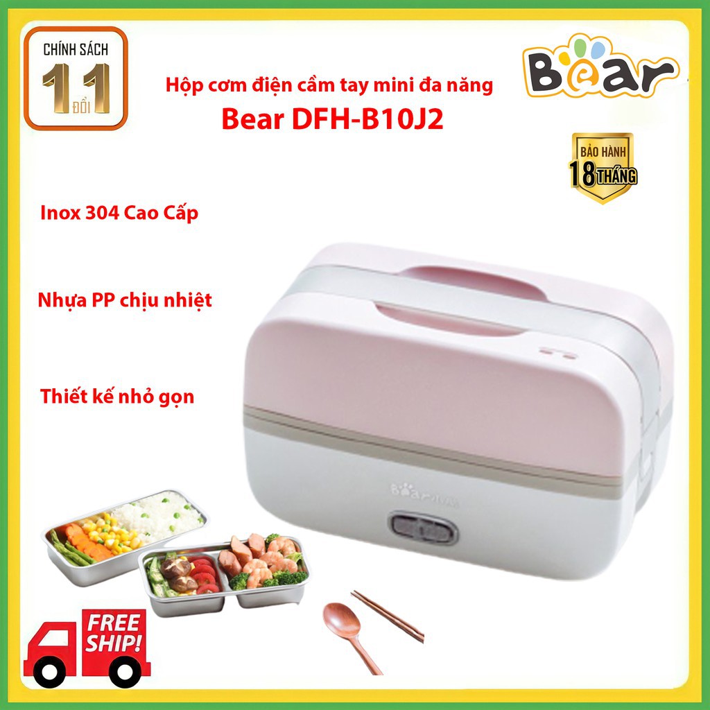 Hộp Cơm Văn Phòng 2 Tầng, 3 Ngăn Vừa Hâm Vừa Hấp, cắm điện đa năng Bear DFH-B10J2 Hàng Chính Hãng- Bảo Hành 12 tháng