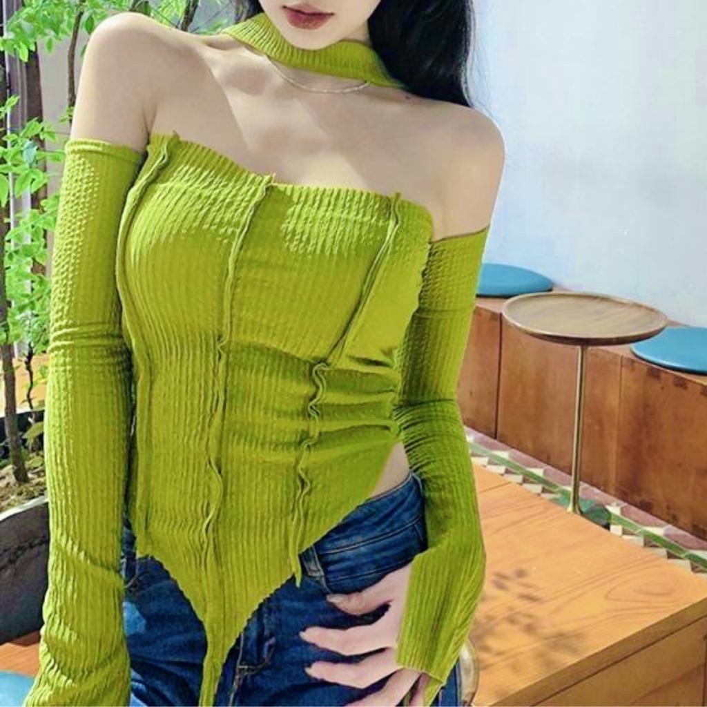 Áo croptop tay dài trễ vai dáng ôm GenY - áo kiểu nữ xẻ tà chất thun gân mềm mịn