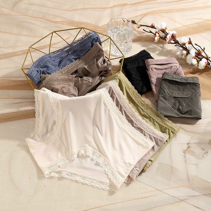 Quần lót nữ thun lạnh trơn phối ren , quần lót kháng khuẩn cạp cao ôm mông 2334