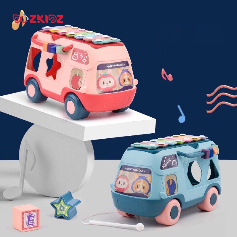 Xe oto đồ chơi,  xe bus đa năng kéo thả hình, luồn hạt và đàn xylophone, đồ chơi cho bé từ 0-3 tuổi - DOZKIDZ