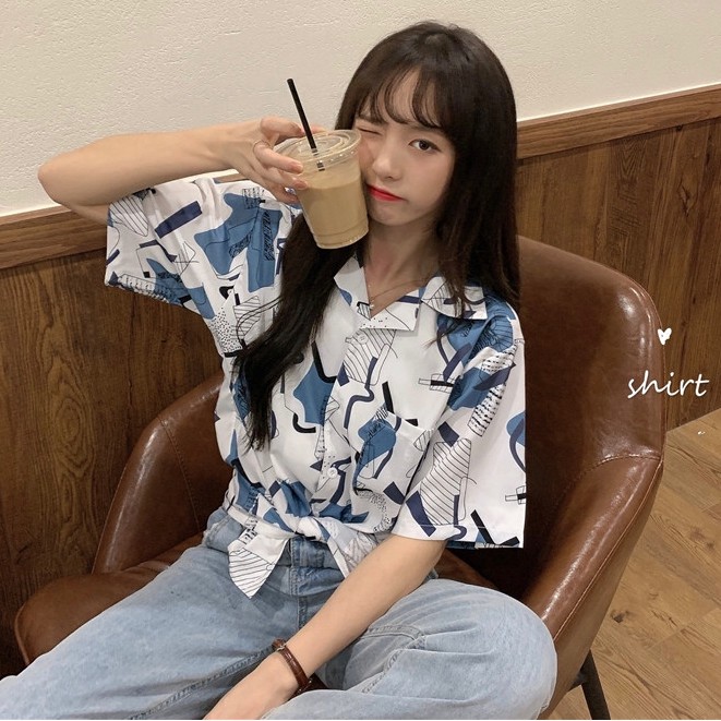 SUXI Áo Sơ Mi Tay Ngắn Cổ Chữ V Hoạ Tiết In Phong Cách Vintage Cá Tính