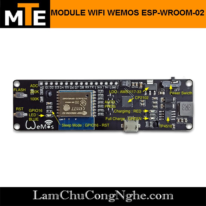 Mạch Thu Phát Wifi wemos ESP8266 ESP-WROOM-02 với đế pin 18650