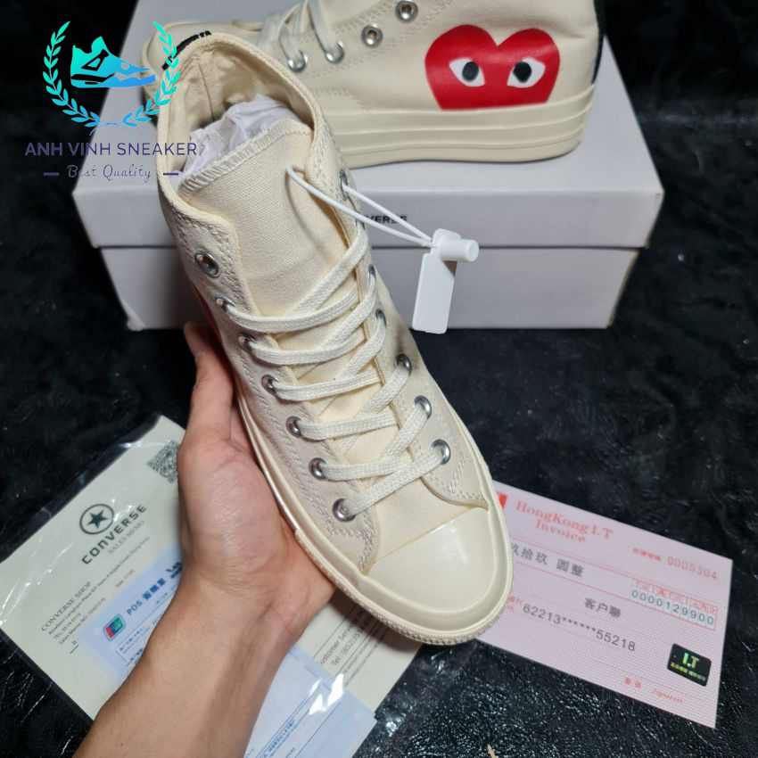 Giày Converse CDG Chuck Play tim màu trắng sữa cổ cao nam nữ