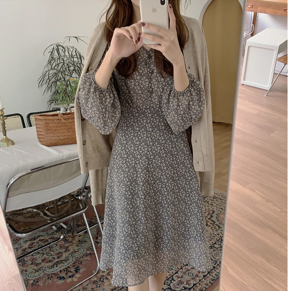 Đầm Peppermint 38447 dài tay in hoa xinh xắn thời trang cho nữ