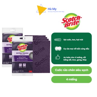 Gói 4 Miếng Cước Cọ Rửa Siêu Mạnh 3M Scotch Brite Thái Lan 10x15cm-Đánh Tan Mọi Vết Bẩn Cứng Đầu