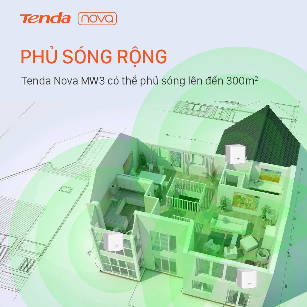 Bộ phát Mesh Wifi Tenda Nova MW3 chuẩn AC 1200Mbps - Phủ sóng toàn nhà, Một tên mạng duy nhất, Bảo hành 3 năm