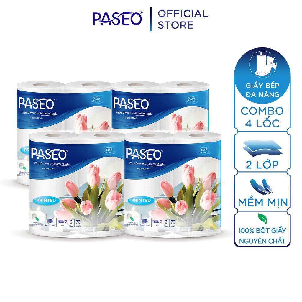 Combo 4 lốc giấy bếp đa năng cao cấp Paseo lau dầu mỡ, thấm hút nhanh, trơn/in hoa /lốc