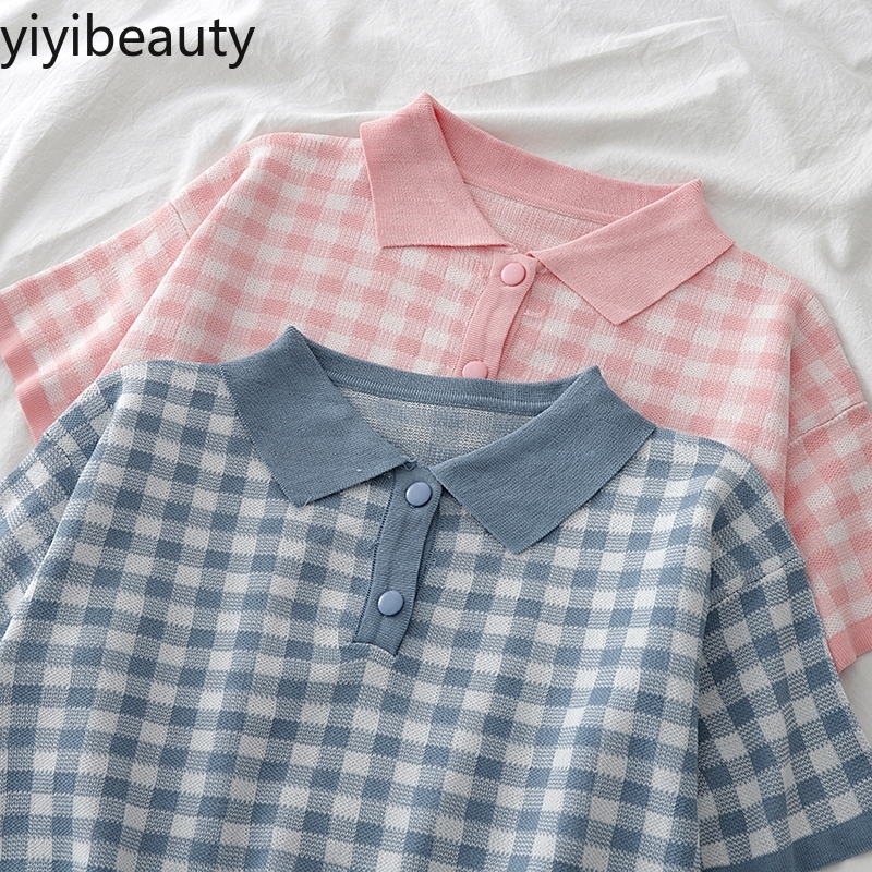 Áo Polo Ngắn Tay Họa Tiết Ca Rô Xinh Xắn Dành Cho Nữ