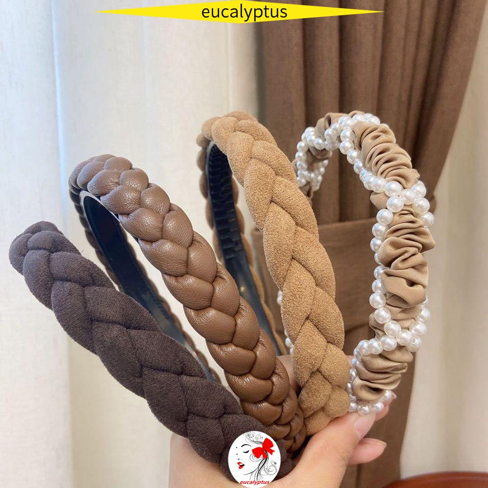 Băng Đô Cài Tóc Bản Rộng Bằng Vải Dệt Kim Màu Trơn Đính Ngọc Trai Thời Trang Cho Nữ