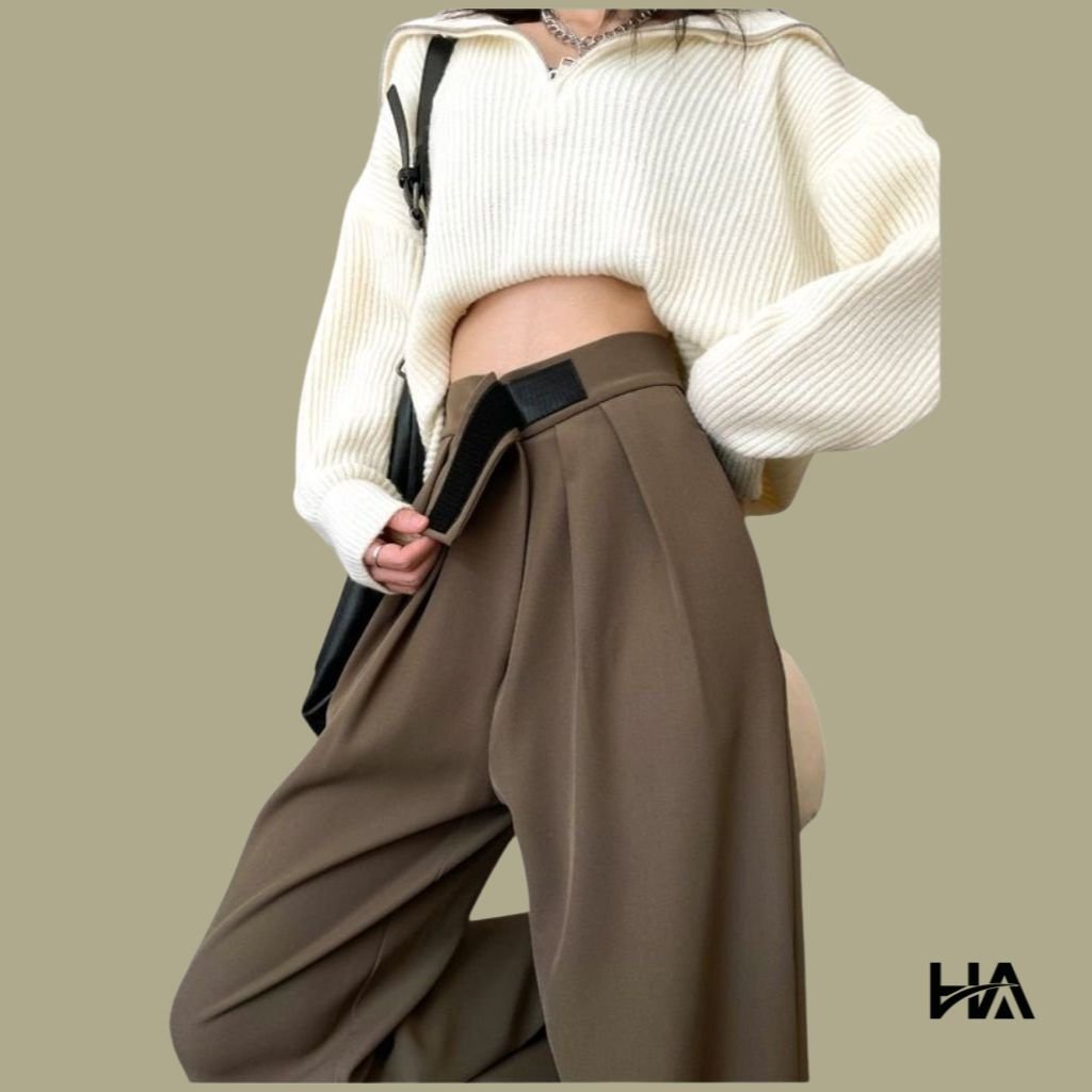 Quần ống rộng HA207 quần suông lưng cạp cao vải nữ dài culottes xuông màu đen , nâu , xám