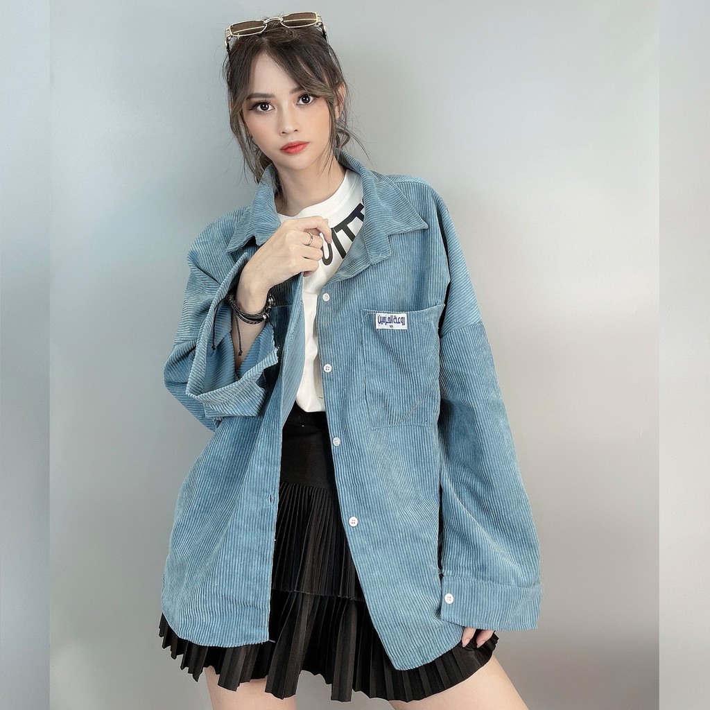 Áo sơ mi form rộng nữ unisex nam nữ nhung tăm dài tay cổ bẻ oversize GAZU-GZ073