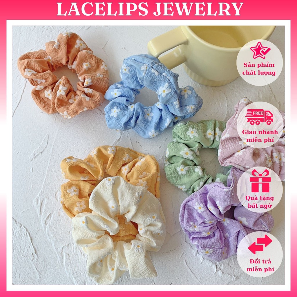 Giao ngẫu nhiên_Dây cột tóc Scrunchies họa tiết hoa cúc trắng dễ thương