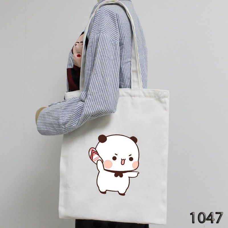 TÚI TOTE TRẮNG CHẤT VẢI CANVAS 1047 GẤU COI CHỪNG TUI DỄ THƯƠNG HÀNG CHUẨN ĐẸP