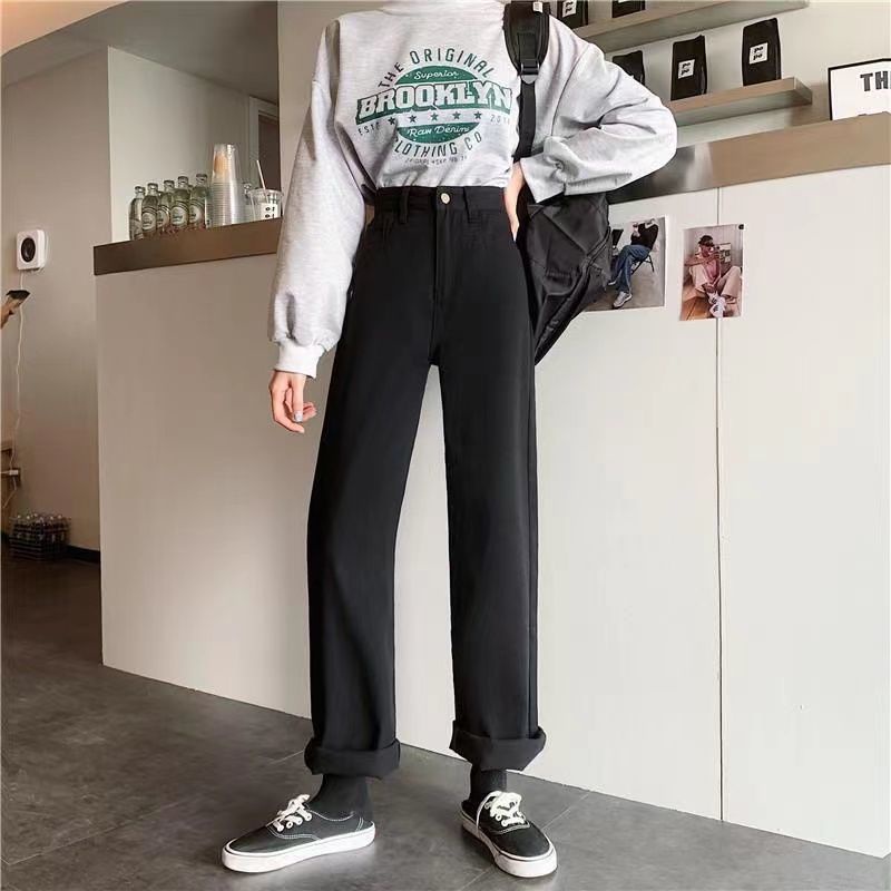 Jiashucheng Quần Jeans Nữ Dài Lưng Cao Dáng Rộng Thời Trang Cá Tính