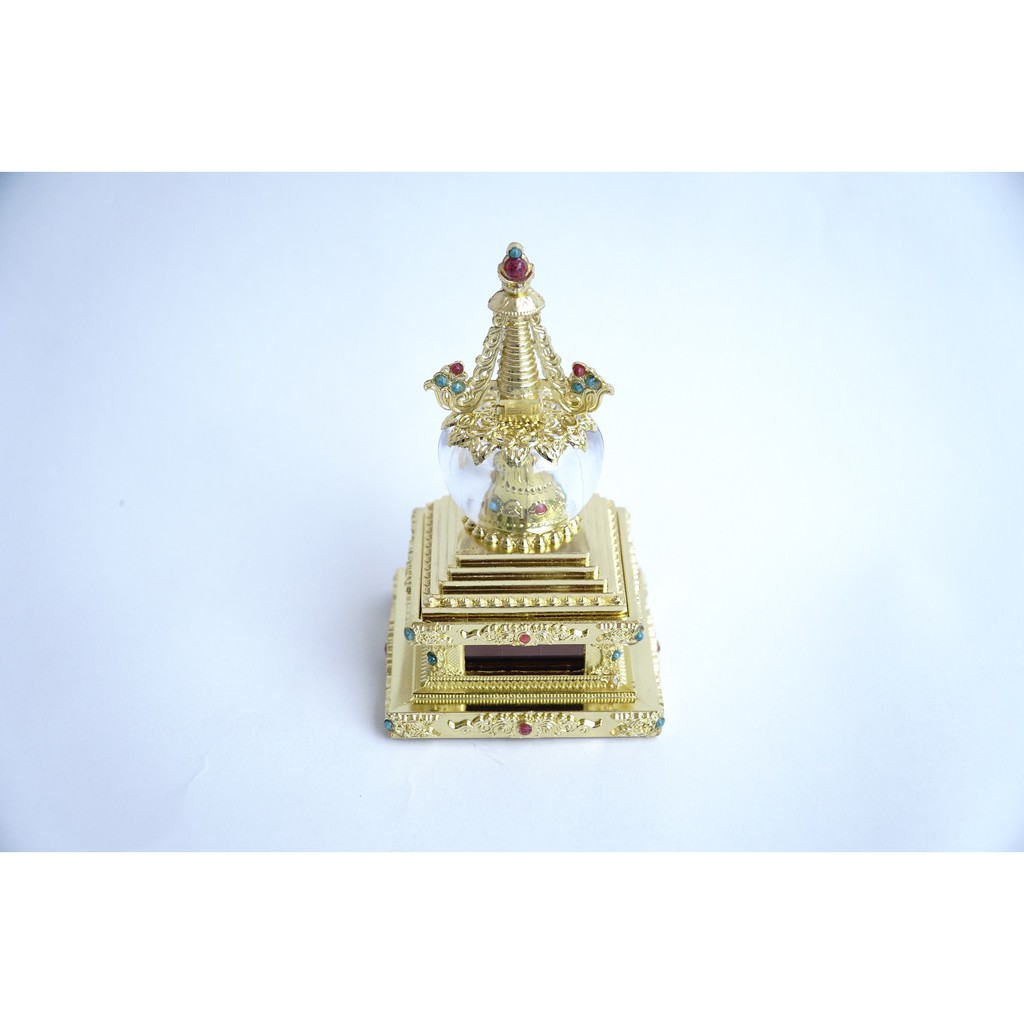 Tháp xá lợi kinh luân Tây Tạng xoay PIN khối pha lê đồng mạ vàng cao cấp - Cao 15cm + Tặng PIN và đế đặt xe ô tô