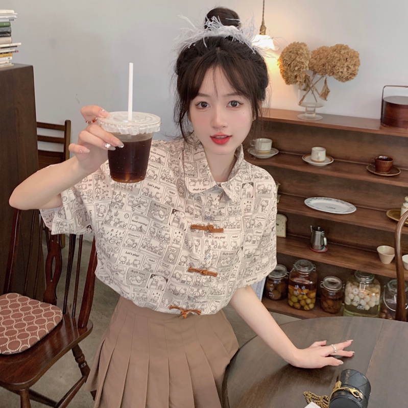 Áo Sơ Mi Ngắn Tay Cài Nút In Hình Mèo Kiểu Retro Hàn Quốc Xinh Xắn Cho Nữ