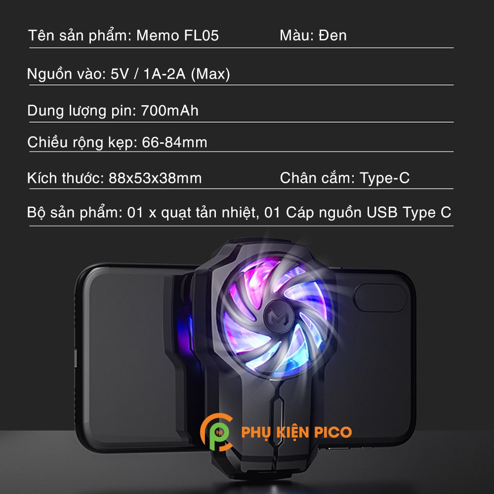 Quạt tản nhiệt điện thoại chính hãng Memo FL05 / G6 pin 700mAh tốc độ quạt 6000 vòng/ phút