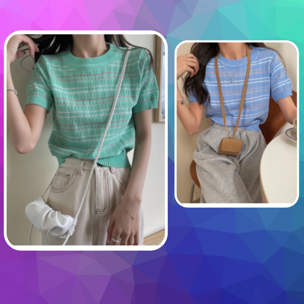 (FREESHIP) Áo thun, , áo thun nữ tay ngắn dệt kim cổ tròn kẻ sọc ngang thời trang Hàn Quốc