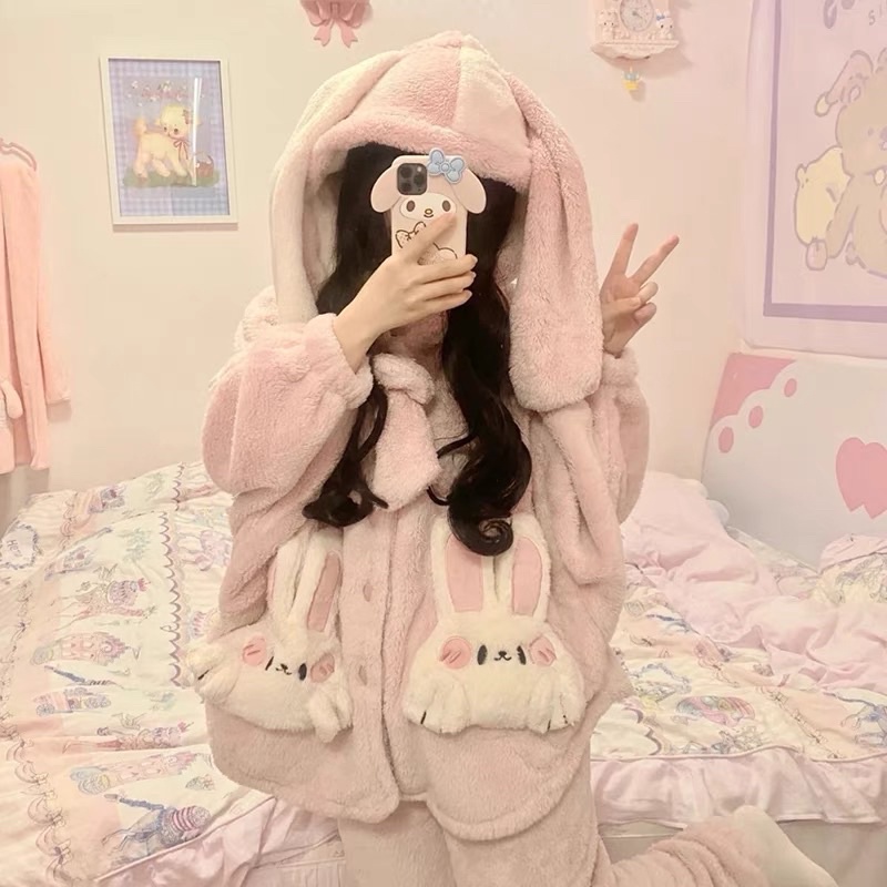 Bộ ngủ bông bé thỏ cánh rơi mũ 2 lớp siêu đáng yêu chất lông cực dày ấm áp phong cách ulzzang