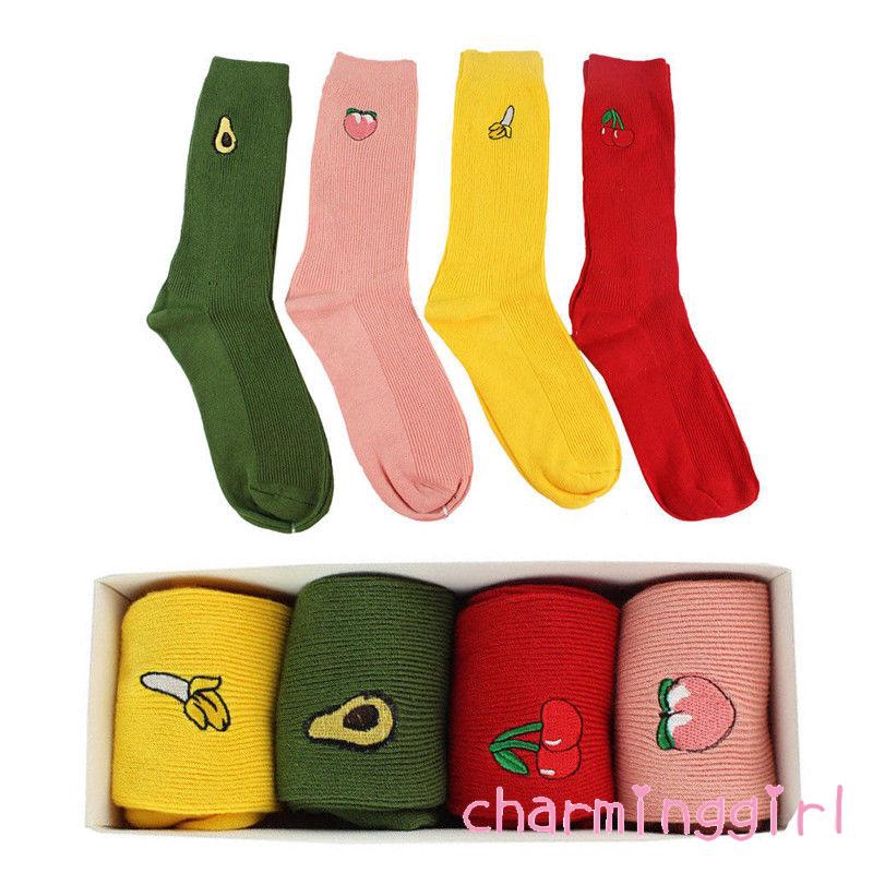 Vớ cotton thêu họa tiết trái cây hoạt hình xinh xắn cho nữ