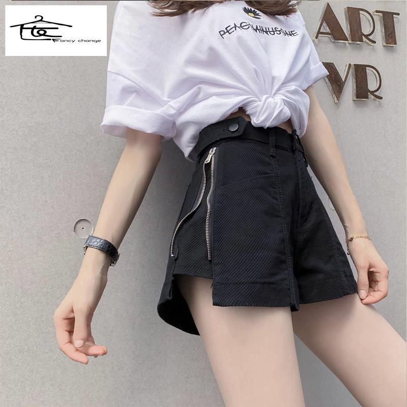 Quần Short Jean Màu Đen Lưng Cao Dáng Rộng Phối Khóa Kéo Thời Trang Mùa Hè Cho Nữ 2022