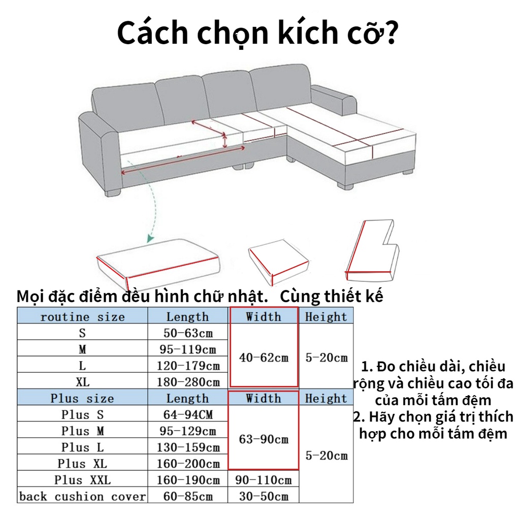 Vỏ bọc đệm ghế sofa hình chữ L 10 kích cỡ cho 1/2/3/4 chỗ ngồi 15 màu tùy chọn