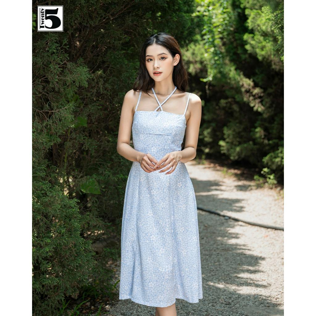 Đầm váy 2 dây nữ voan hoa nhí dáng ôm cổ dây chéo Twentyfive SD87