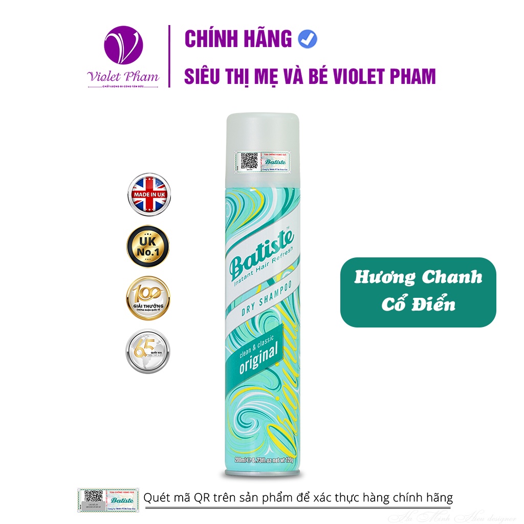 Dầu Gội Khô Hương Cổ Điển Batiste Dry Shampoo Clean &amp; Classic Original 200ml