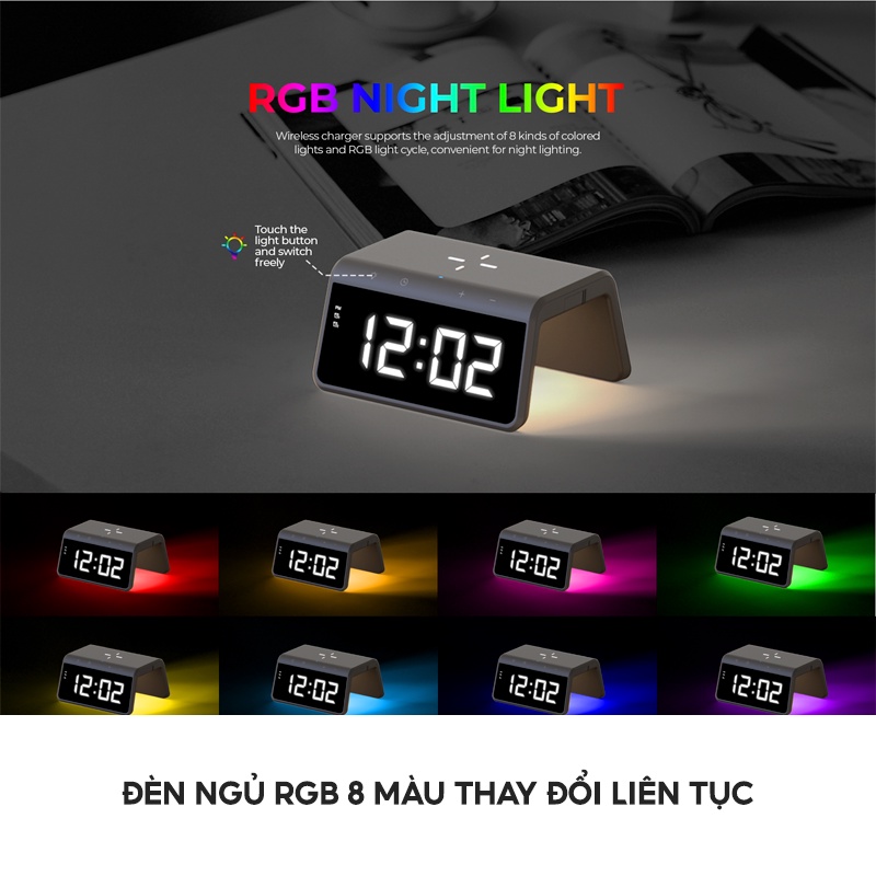 Sạc Không Dây 6 In 1 HAVIT W320, Sạc Nhanh 15W, Tích Hợp Báo Thức + Đèn Ngủ RGB Màu Sắc - Chính Hãng Dizigear