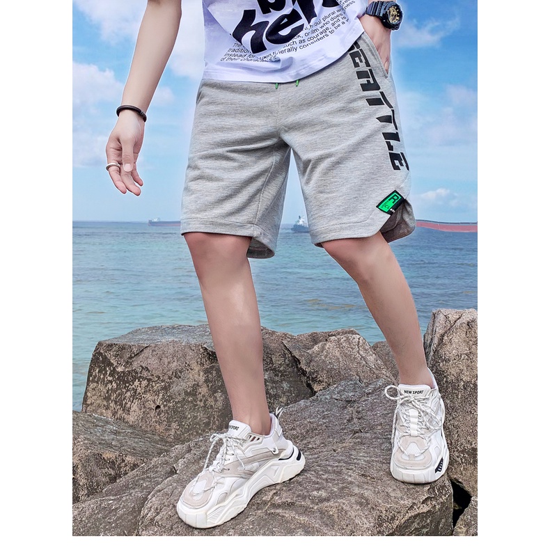 Quần đùi nam HappyFamily - Short thể thao cắt vát ngắn đùi in chữ vải nỉ da cá 100 cotton