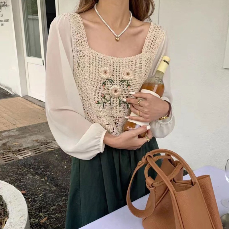 Brroa Áo Croptop Dệt Kim Chiffon Tay Dài Phồng Cổ Vuông Thêu Hoa Rỗng Kiểu Retro Cho Nữ