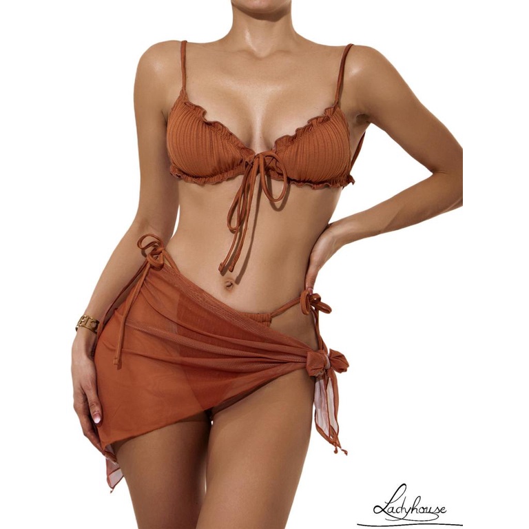 Ld-bộ Đồ Bơi Bikini Hai Mảnh Màu Trơn Với Diềm Xếp Nếp + Quần Lót Ren Lưới Xuyên Thấu Cho Nữ
