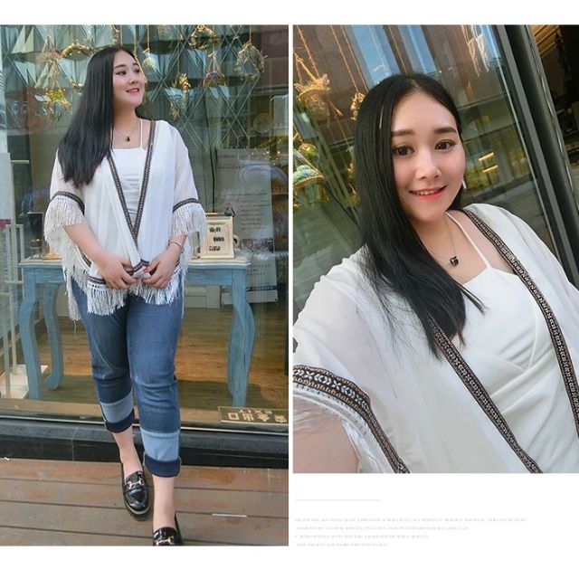 HÌNH THẬT bigsize áo khoác Kimono tua rua đi biển Kimono đen Kimono trắng voan size to big size
