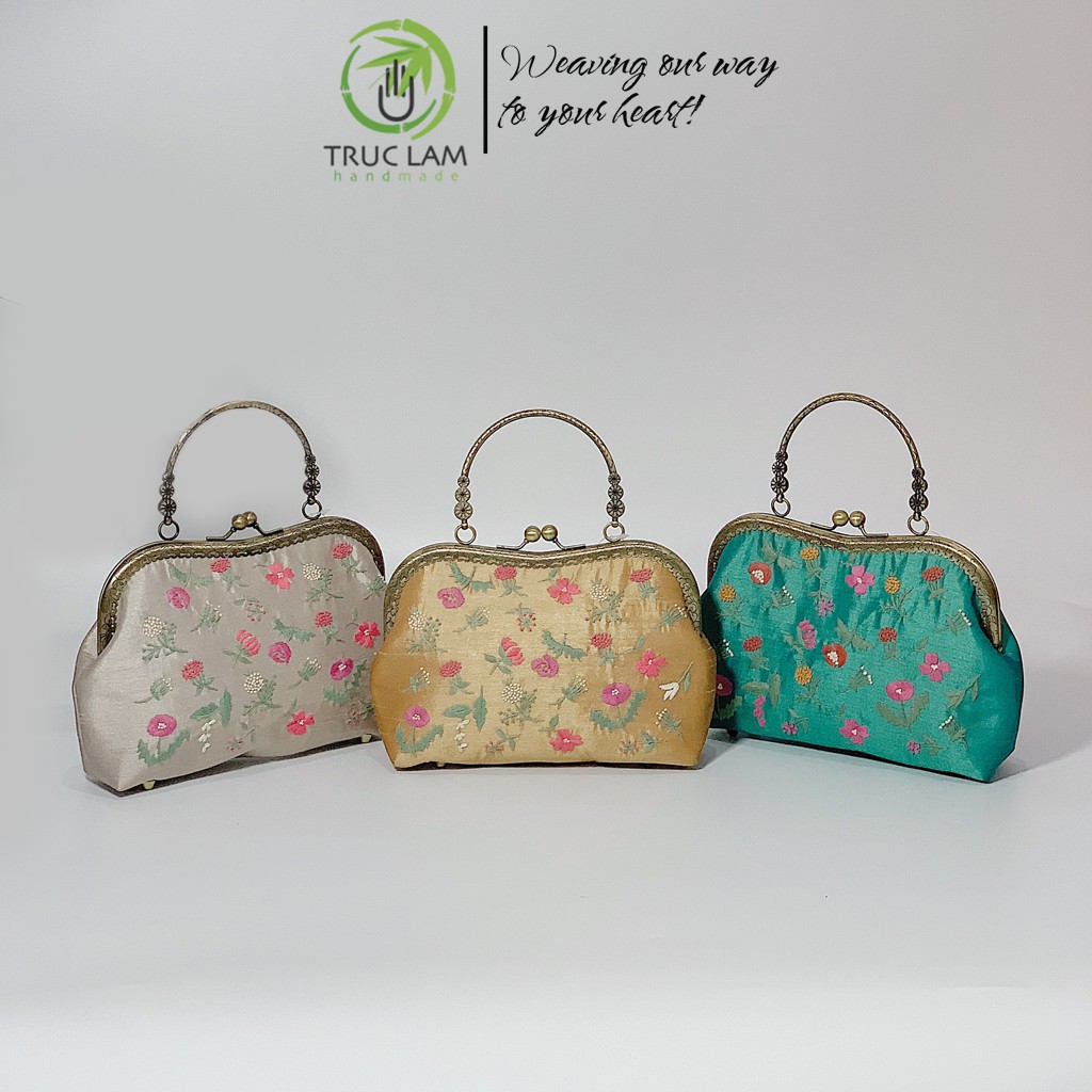 Túi Xách Tay Túi Đeo Vai Thời Trang Nữ Vải Tafta Khóa Nẹp Đồng Thêu Hoa Thủ Công - Trúc Lâm Handmade