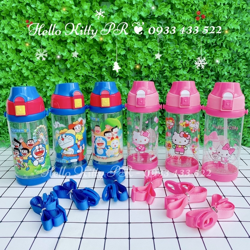 Bình nước 550ml có dây đeo Hello Kitty - Doremon Doraemon