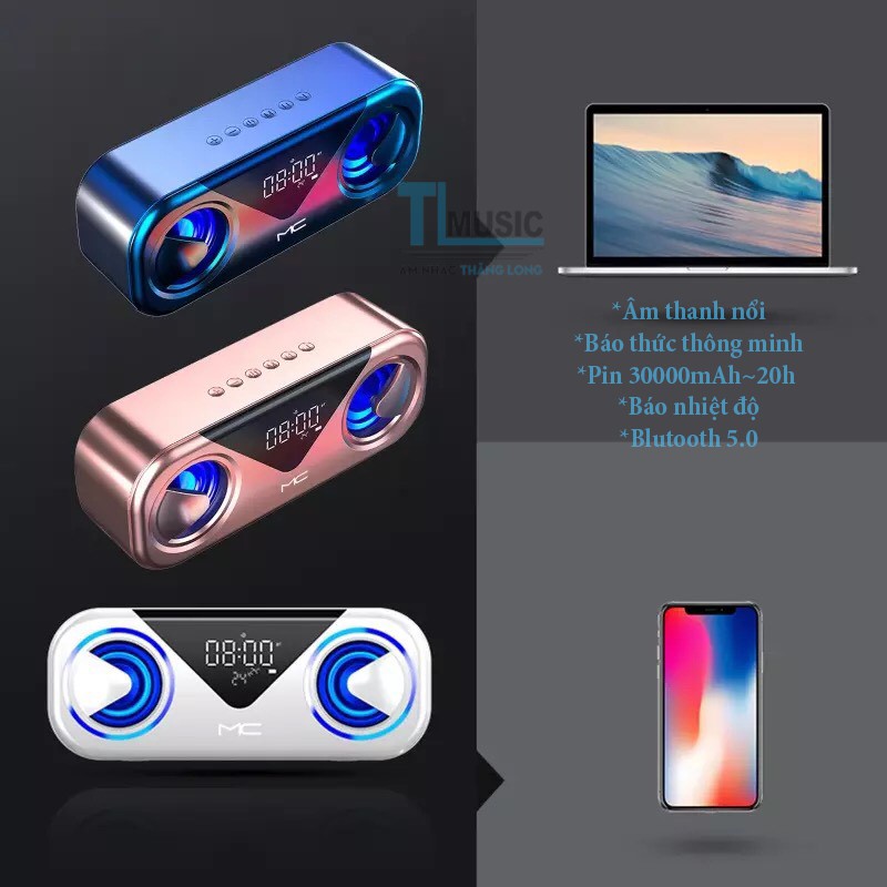 Loa Nghe Nhạc Di Động Không Dây Công Suất Lớn MC H9 Có Đèn Led Xanh Nổi Bật - Loa Bluetooth Siêu Trầm - Đài FM - Đồng Hồ