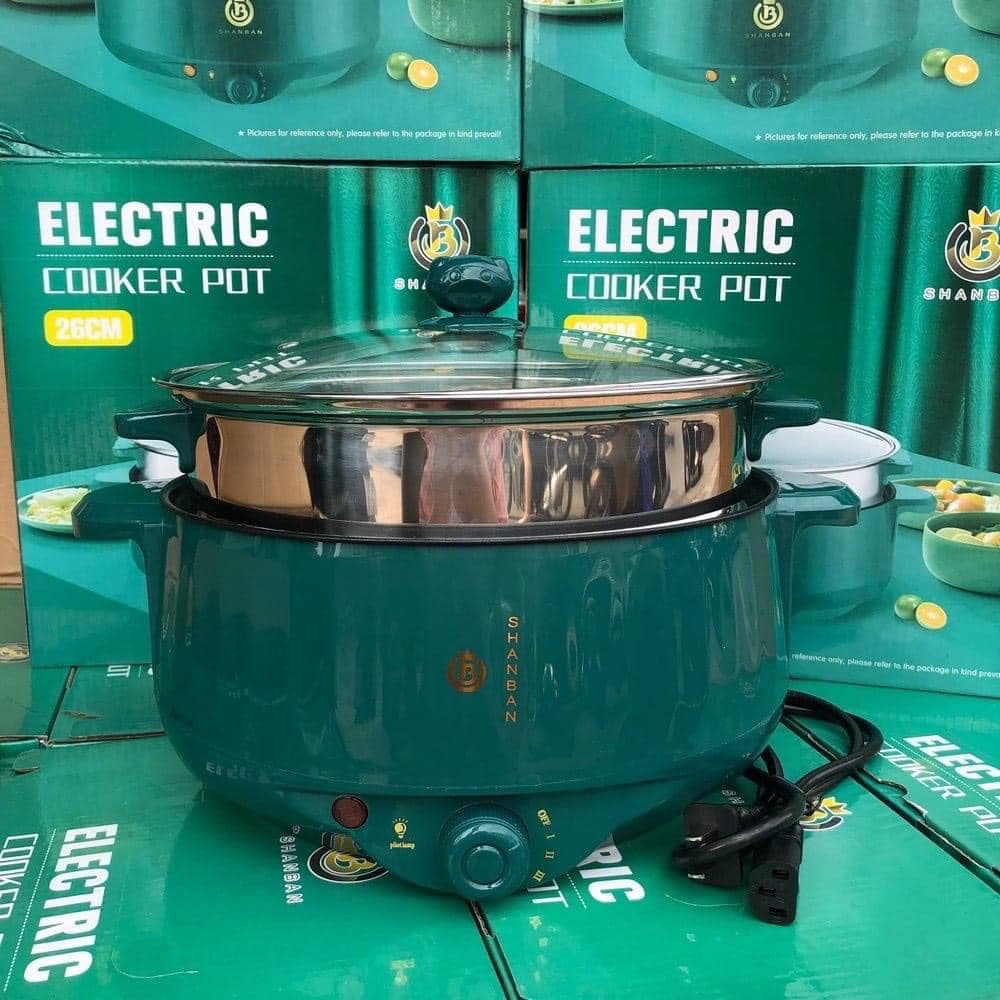 Nồi lẩu điện mini 2 tầng chống dính kèm khay hấp Inox, nồi nấu đa năng Shanban