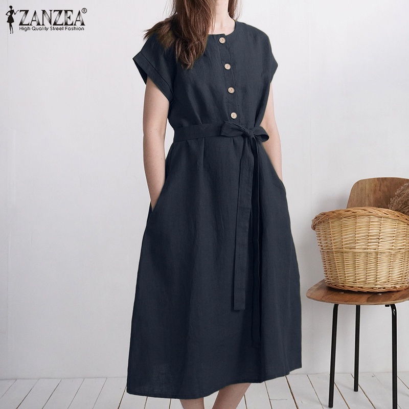 Đầm tay ngắn ZANZEA cổ tròn màu trơn phối thắt lưng thiết kế đơn giản cho nữ