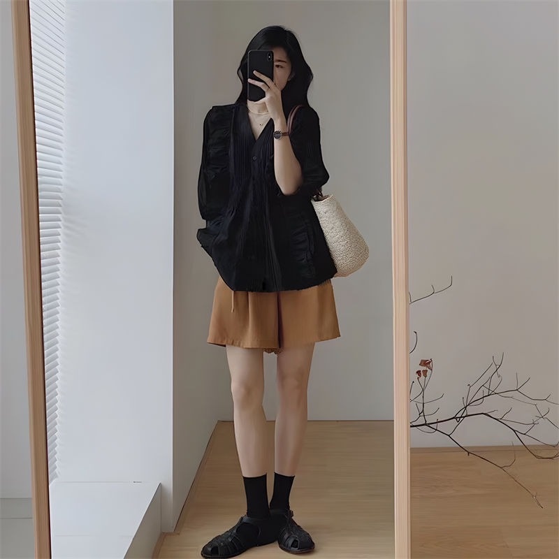 Bộ Áo Sơ Mi Mỏng + Quần Short Lưng Cao Ống Rộng Thời Trang Mùa Hè Hàn Quốc 2022 Mới